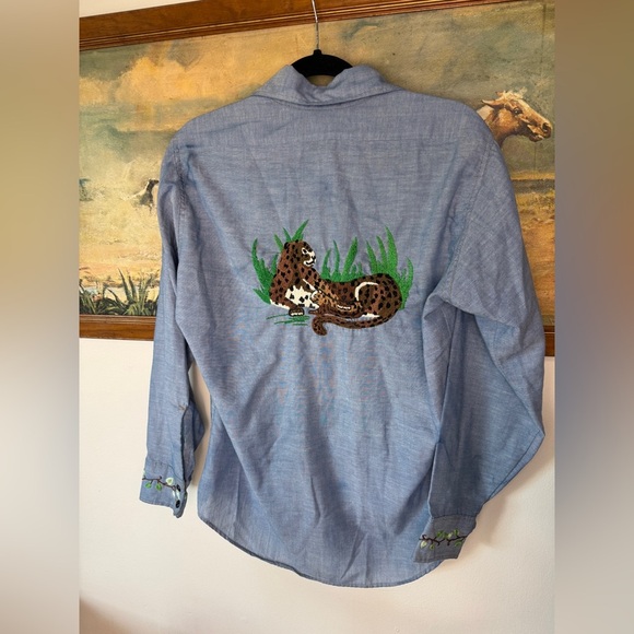 RARE VINTAGE 70s orange tab chambray hand embroidered Levi’s button down sz M - Picture 5 of 9